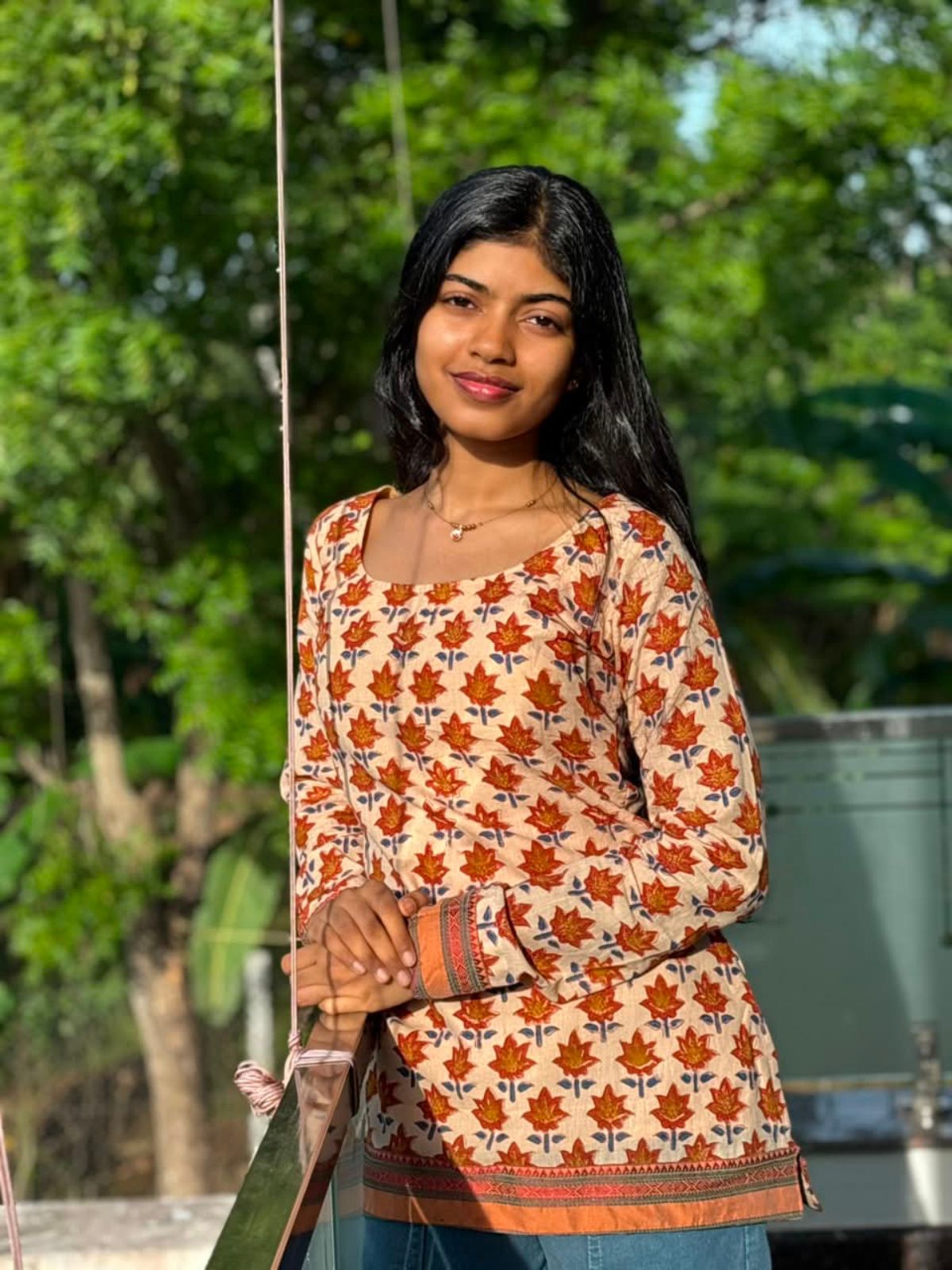 Rust Orange Floral Motif Cotton Kurti by The Label Razi